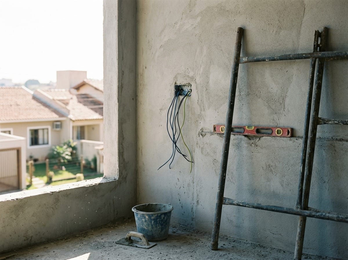 Parede rebocada e instalações elétricas em obra residencial em fase de acabamento antes da vistoria