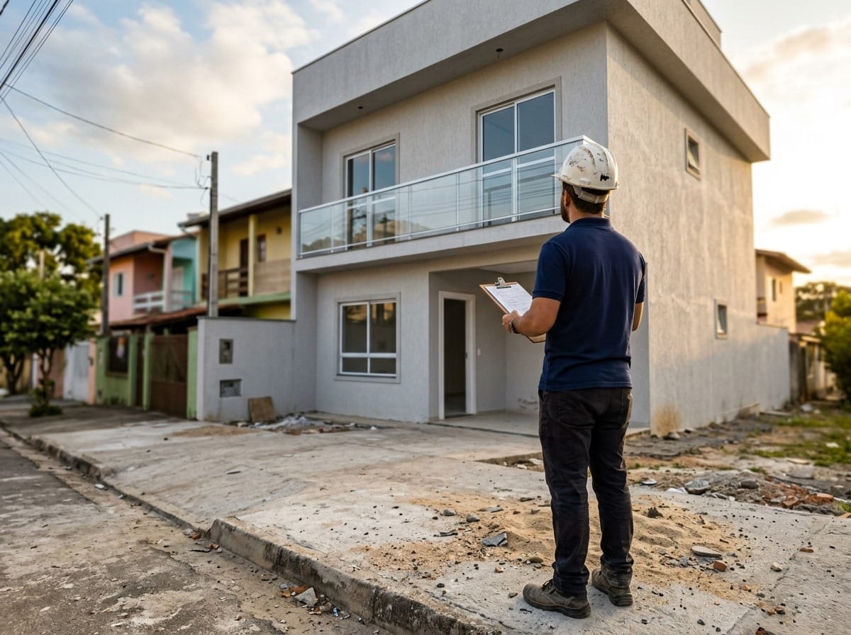 Engenheiro civil de costas vistoriando a fachada de casa recém-construída antes do habite-se
