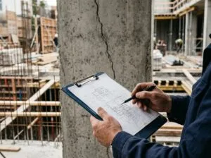 Laudo estrutural: engenheiro civil analisa planta diante de pilar de concreto com fissura