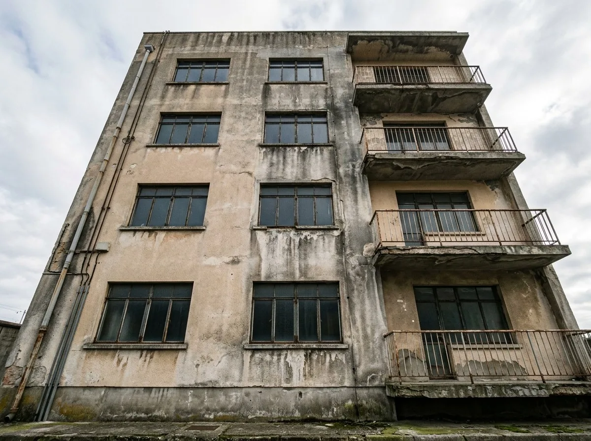 Fachada de prédio residencial com infiltração e desgaste, caso típico de laudo estrutural predial