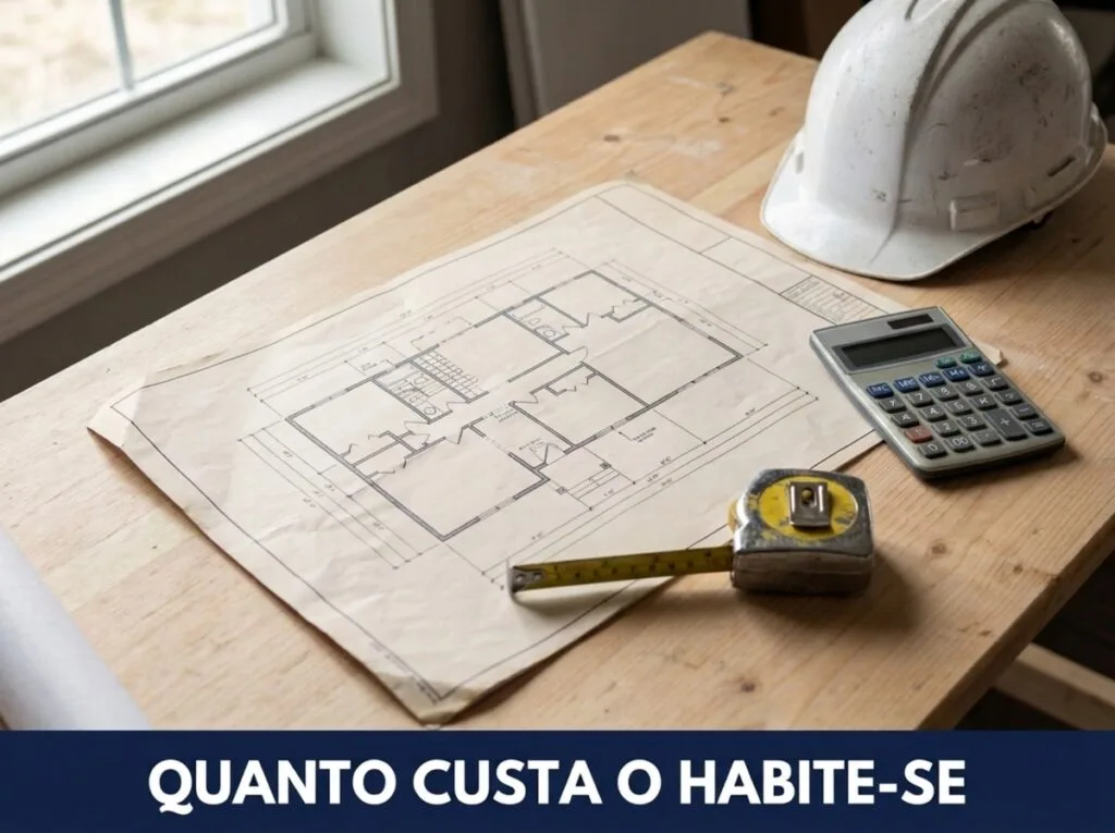 Quanto custa habite-se: mesa de engenheiro civil com planta baixa, calculadora, trena e capacete de obra