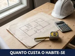 Quanto custa habite-se: mesa de engenheiro civil com planta baixa, calculadora, trena e capacete de obra
