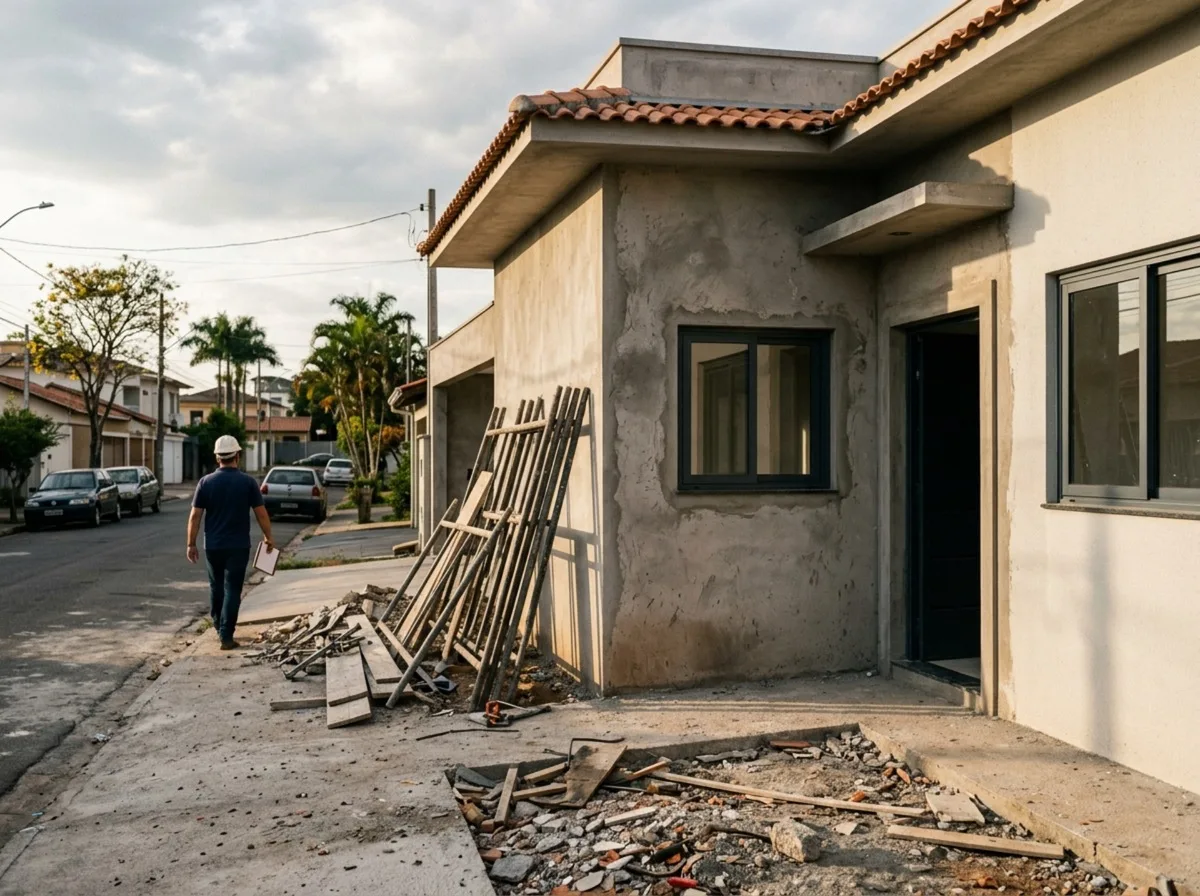 Casa térrea recém-construída com entulho na calçada e engenheiro de capacete branco ao fundo