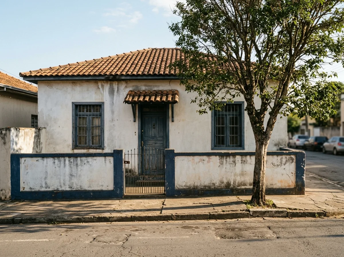 Fachada de casa antiga em rua residencial, imóvel típico de processo de usucapião