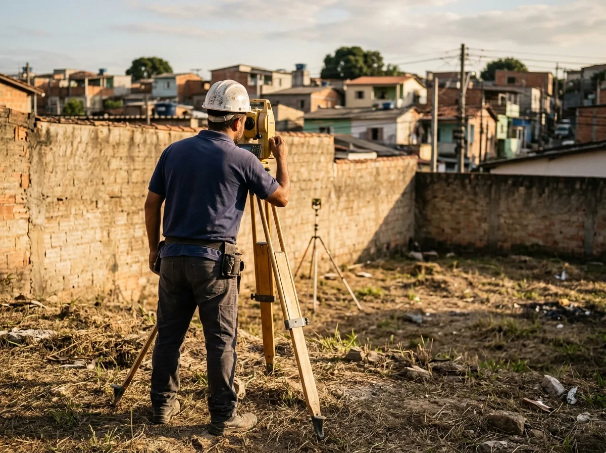 Engenheiro civil operando estação total no levantamento topográfico de um lote urbano