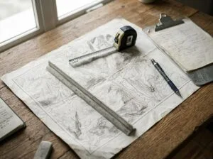 Memorial descritivo usucapião sobre mesa técnica com planta topográfica, trena e escalímetro