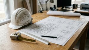 Anotação de responsabilidade técnica: mesa de engenharia civil com prancha de projeto, capacete e trena