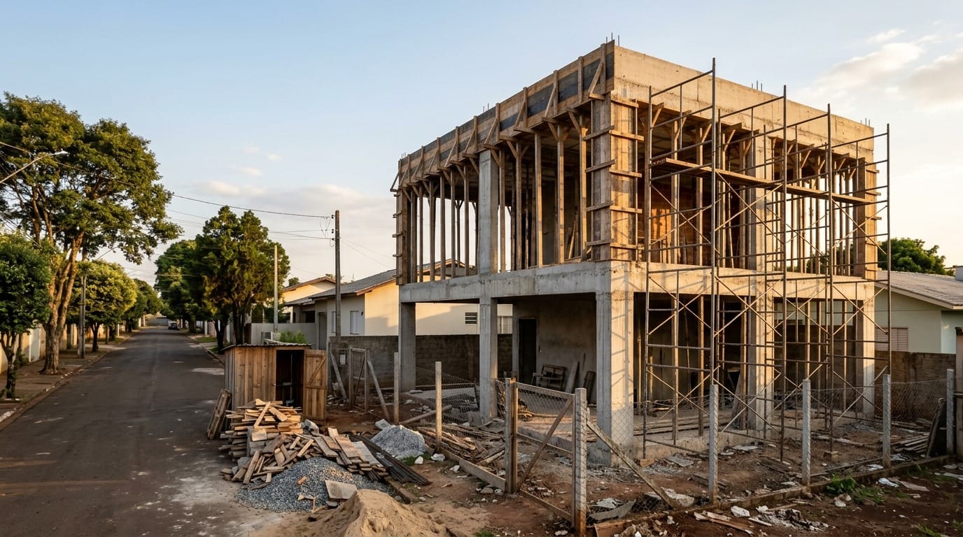 Obra residencial em execução no interior do Paraná, situação que exige anotação de responsabilidade técnica