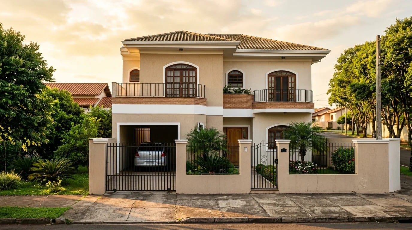 Fachada de sobrado residencial em rua arborizada, exemplo de imóvel urbano avaliado