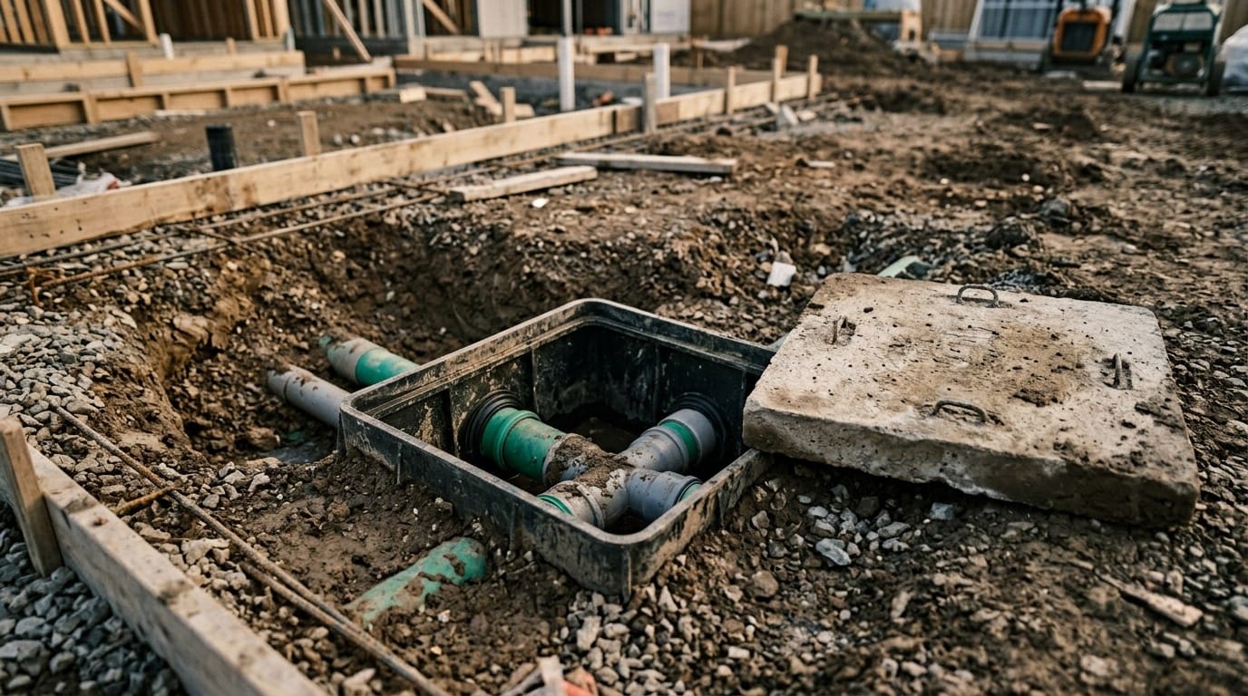 Caixa de inspeção de esgoto aberta em obra residencial, com tampa de concreto ao lado
