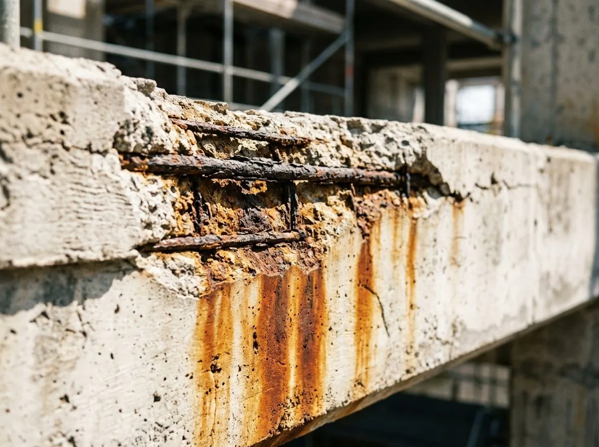 Viga de concreto com cobrimento destacado e armadura de aço exposta e corroída pela umidade