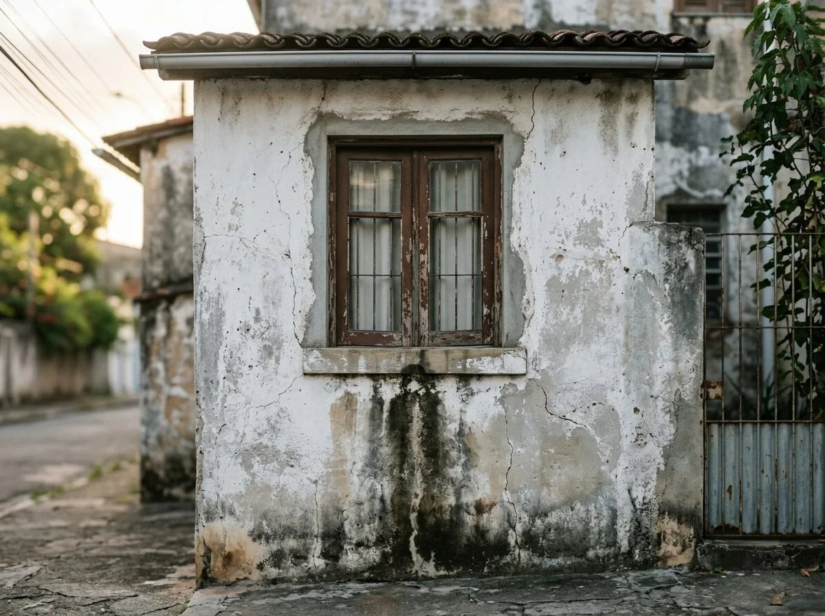 Infiltração na parede externa com mancha escura descendo pela fachada abaixo do peitoril da janela