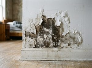 Infiltração na parede de um quarto com mancha escura de umidade e tinta descascando acima do rodapé