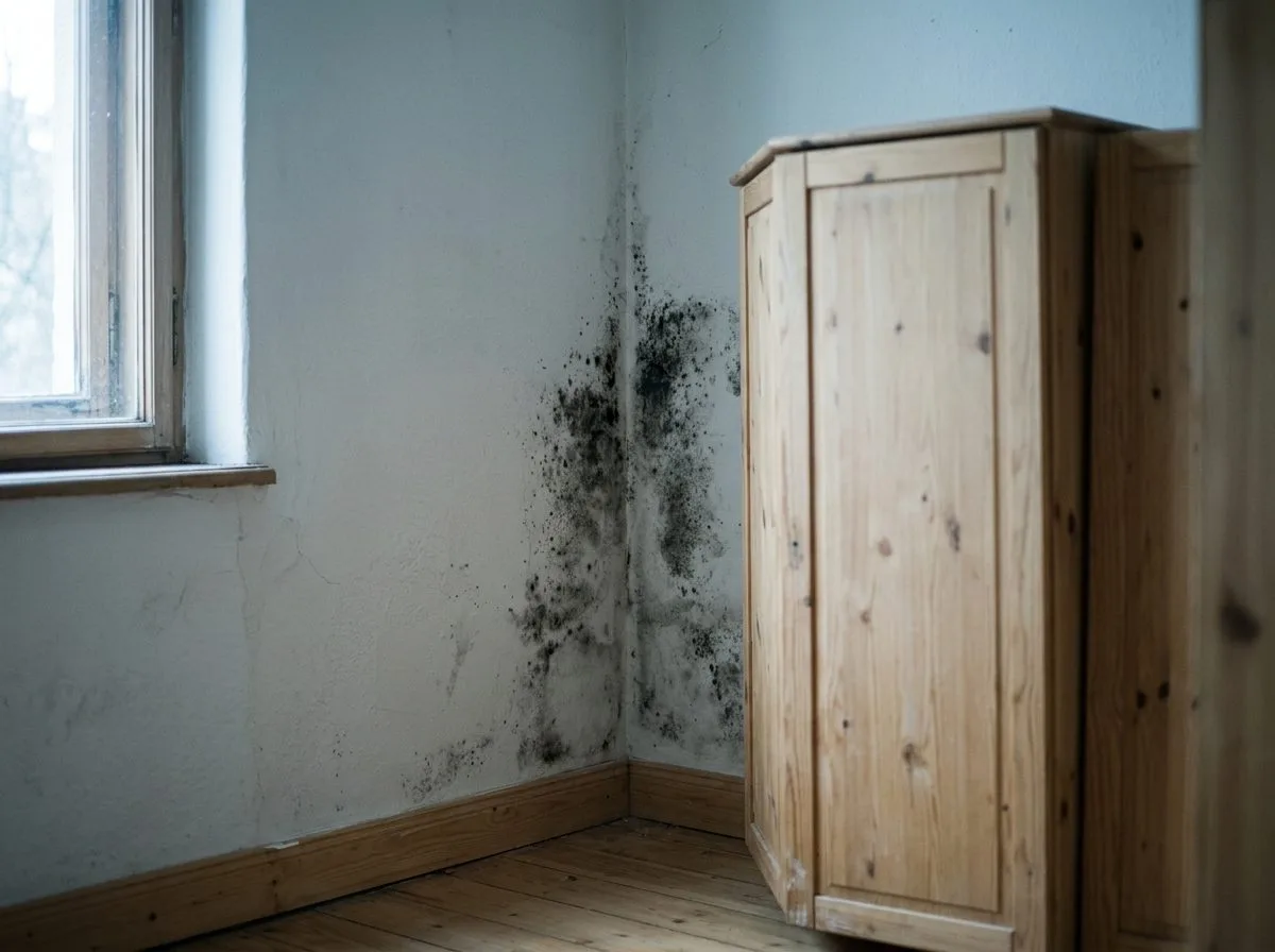 Mofo preto na parede de um quarto atrás de um guarda-roupa encostado, sinal de condensação