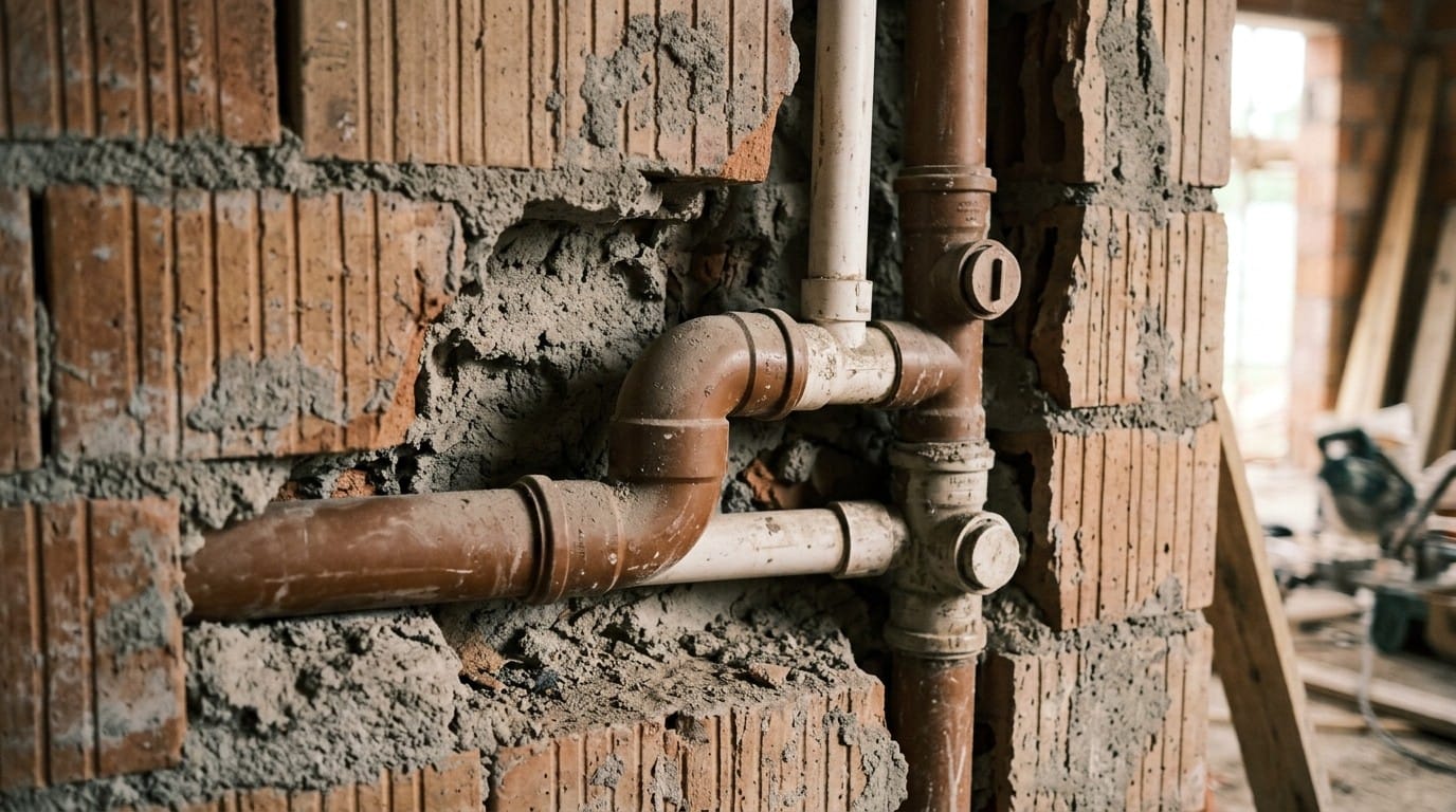 Projeto hidrossanitário: tubos de PVC de água fria embutidos no rasgo de uma parede de alvenaria em obra