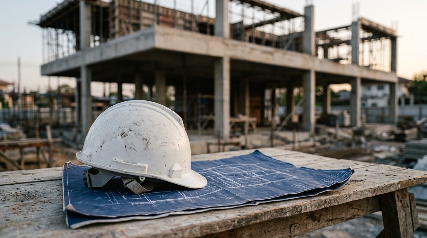 Capacete de obra branco apoiado sobre prancha de projeto azul, com estrutura de concreto ao fundo