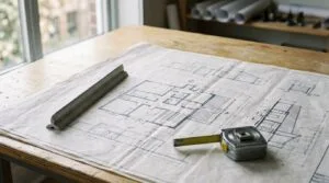 Planta baixa impressa sobre mesa de madeira, com escalímetro triangular e trena metálica apoiados no papel