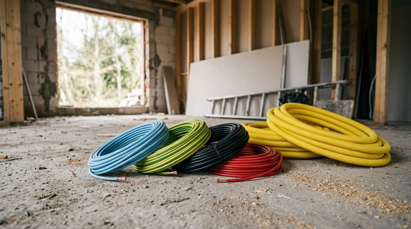 Cabos e eletrodutos do projeto elétrico residencial: rolos azul-claro, verde-amarelo, preto e vermelho no piso da obra
