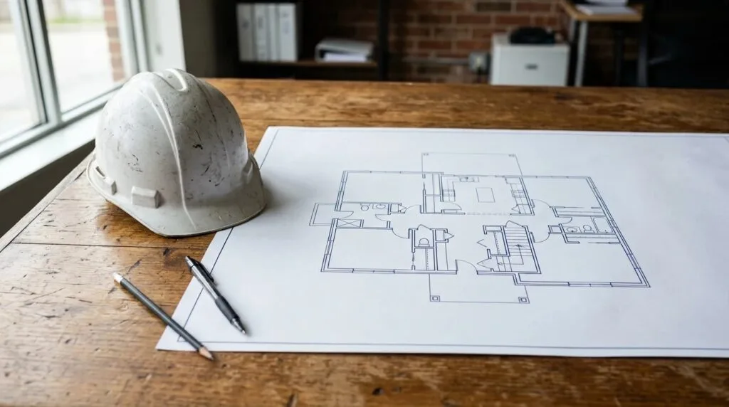Projeto elétrico residencial começa pela planta da casa sobre a mesa técnica, com capacete de obra e caneta