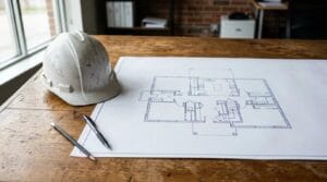 Projeto elétrico residencial começa pela planta da casa sobre a mesa técnica, com capacete de obra e caneta