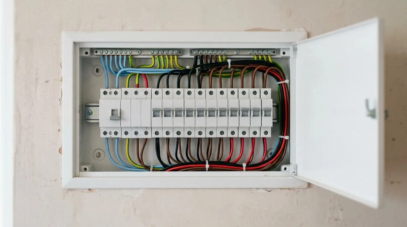 Quadro de distribuição residencial aberto com dispositivo DR, disjuntores DIN e condutores neutro azul-claro e terra verde-amarelo