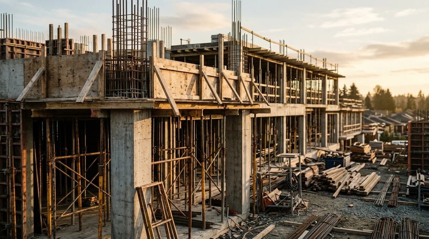 Projeto estrutural em execução: concreto armado com formas de madeira e escoramento no canteiro