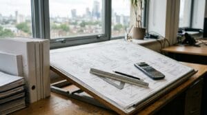 Projeto estrutural impresso sobre mesa técnica de engenharia com escalímetro e calculadora