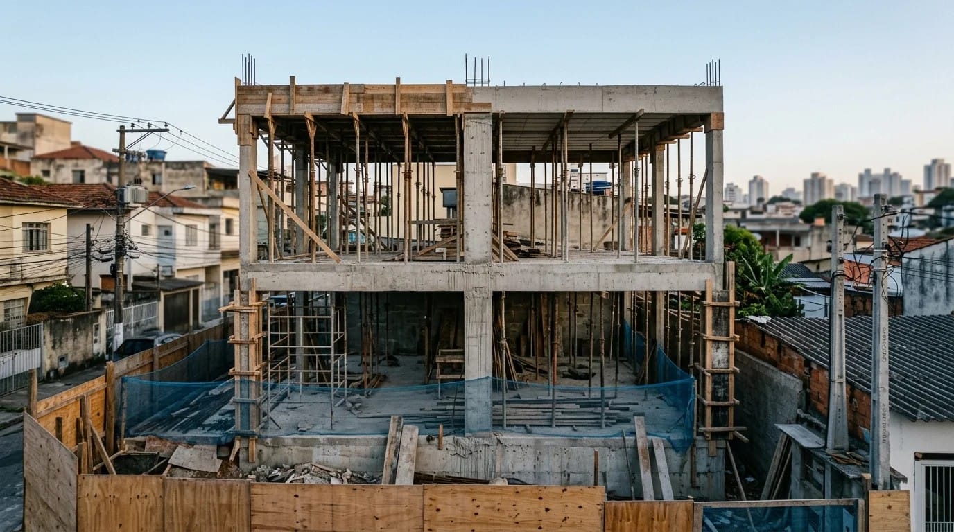 Sobrado residencial em fase de estrutura com laje concretada e pilares de concreto