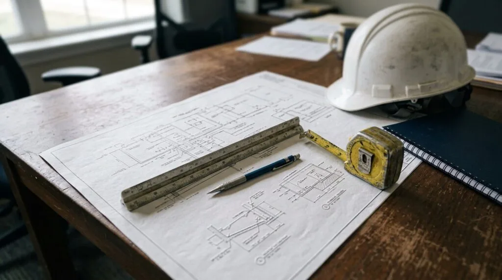 Prancha de projeto hidrossanitário sobre mesa com escalímetro, trena e capacete de engenheiro civil