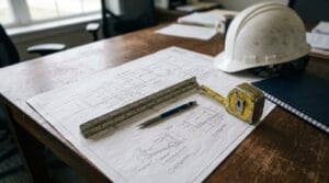 Prancha de projeto hidrossanitário sobre mesa com escalímetro, trena e capacete de engenheiro civil
