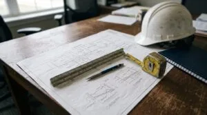 Prancha de projeto hidrossanitário sobre mesa com escalímetro, trena e capacete de engenheiro civil
