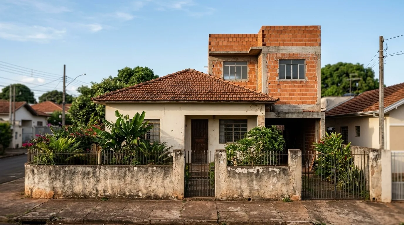 Casa térrea antiga com ampliação de segundo pavimento em blocos cerâmicos ainda sem reboco