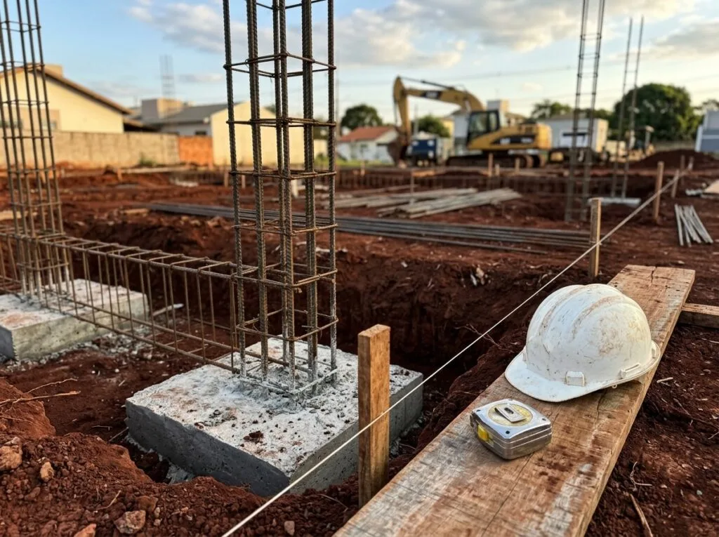 Tipos de fundação: sapata de concreto com arranque de pilar em canteiro de obra, com capacete e trena