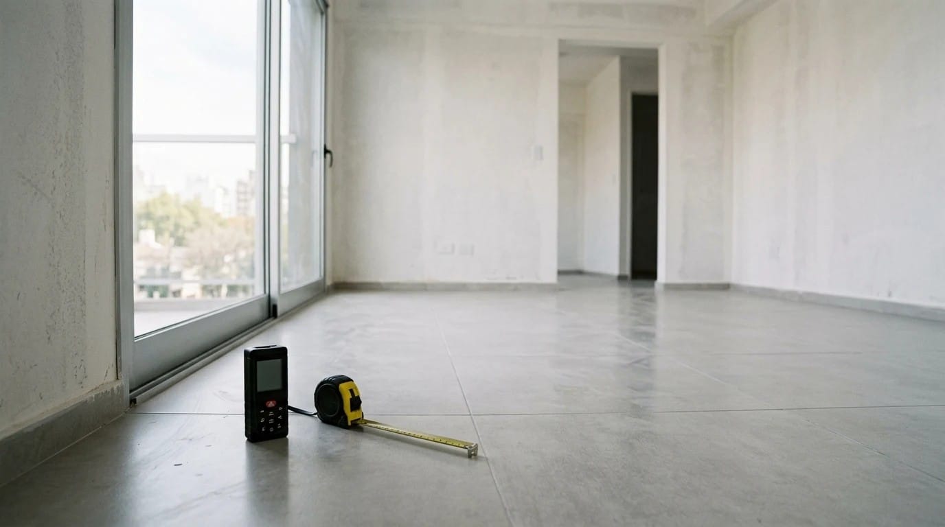 Sala vazia de apartamento com trena a laser durante vistoria de avaliação de imóvel