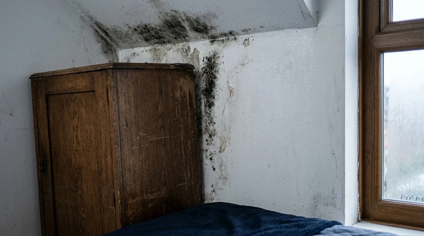 Canto de quarto com mofo e gotas de condensação ao lado de guarda-roupa encostado na parede