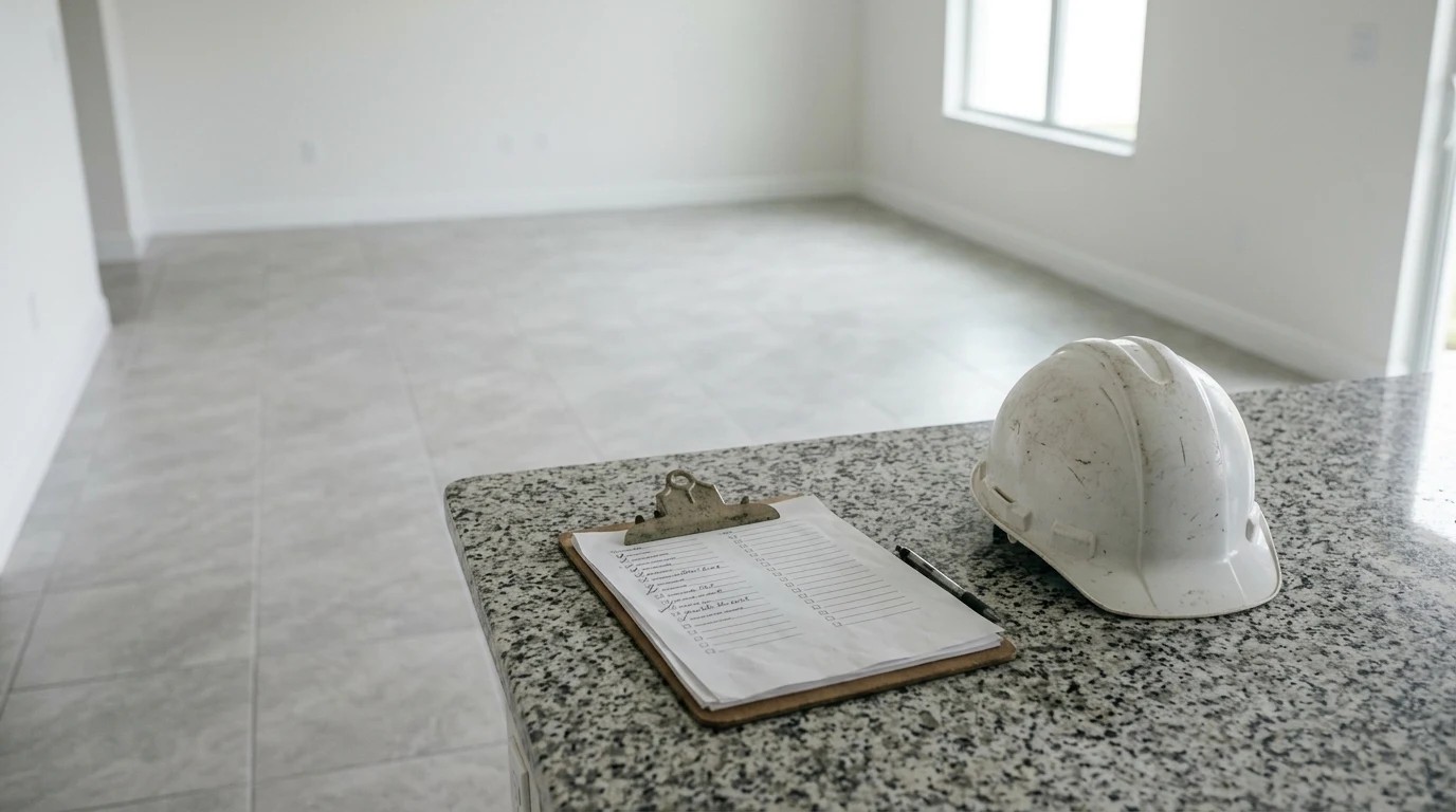 Sala vazia de apartamento novo com prancheta de checklist e capacete sobre bancada de granito para conferência da entrega