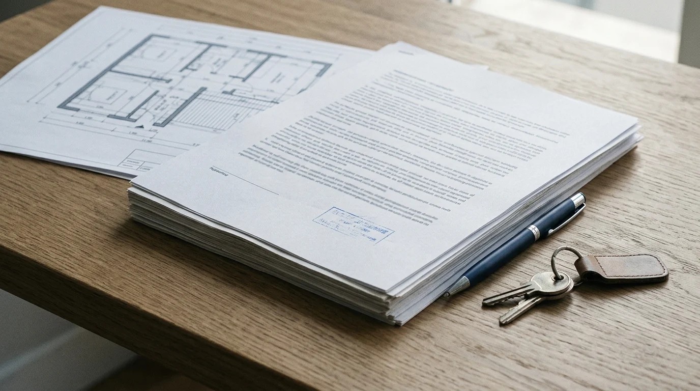 Documentos do imóvel com carimbo, caneta e chaves sobre mesa de madeira ao lado de uma planta baixa