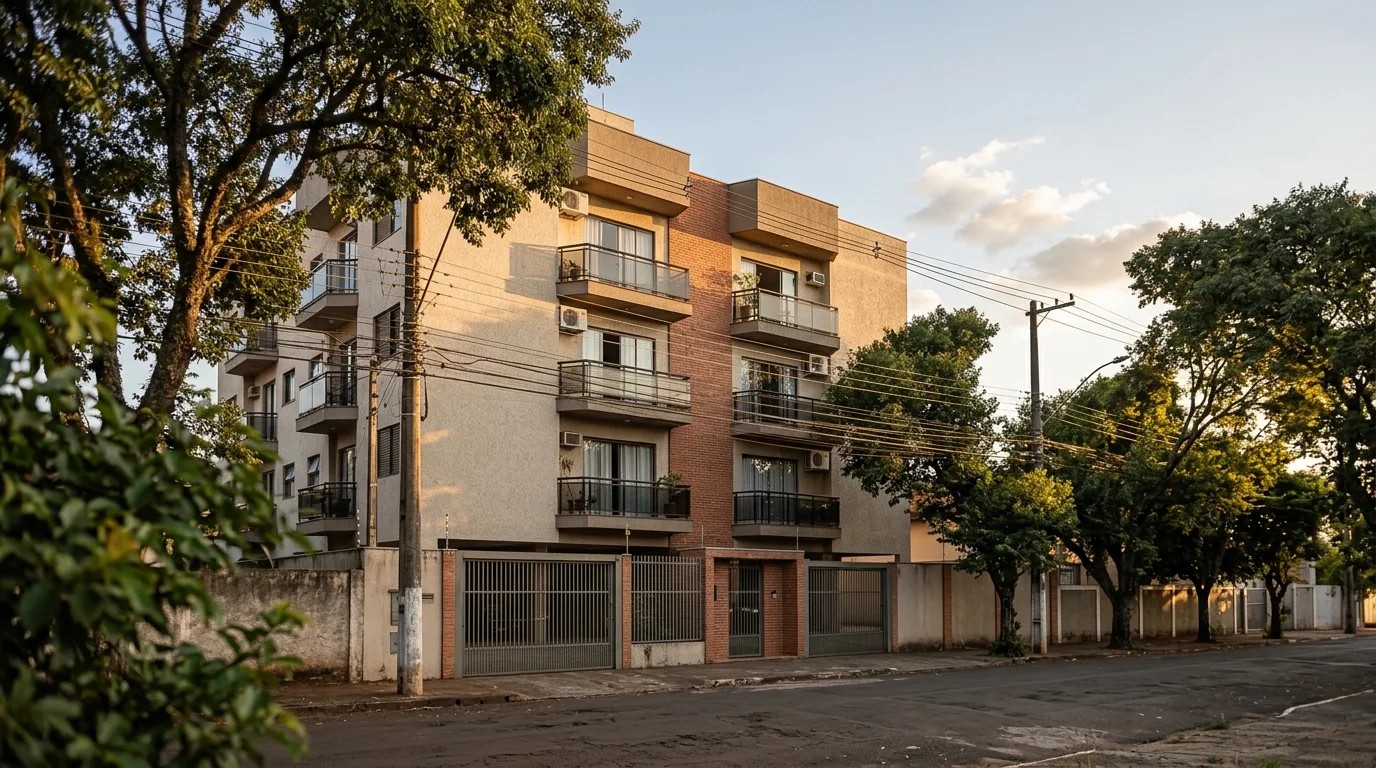 Fachada de edifício residencial com sacadas em rua arborizada no Paraná ao fim da tarde