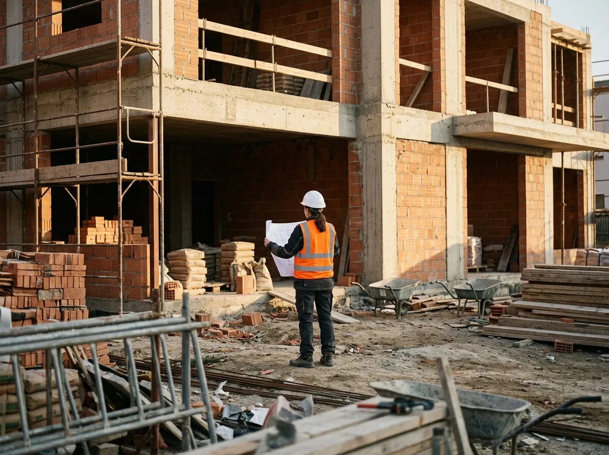 Engenheira de costas conferindo o projeto impresso em uma obra residencial antes de redigir o memorial descritivo