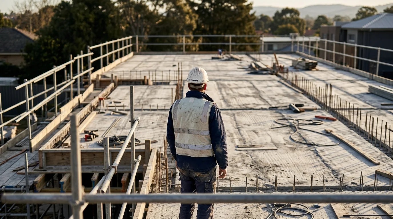 Engenheiro de costas, com capacete e colete, observando a laje de cobertura de uma obra para avaliar a origem da infiltração