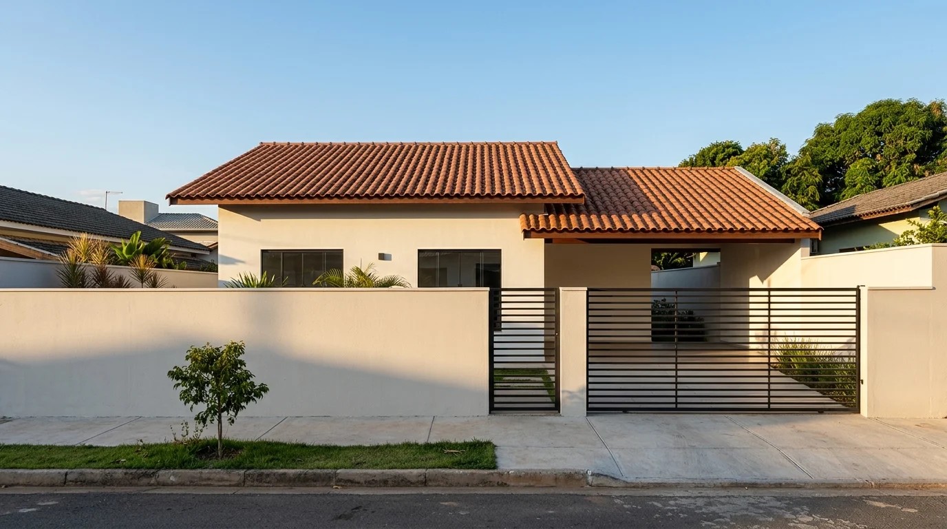 Fachada de casa térrea residencial concluída, com telhado cerâmico, muro e portão
