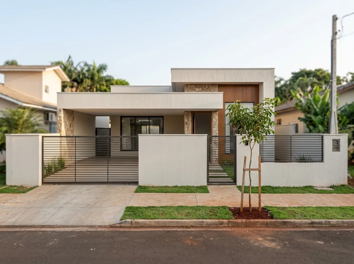 Fachada de casa térrea recém construída em bairro de Londrina, exemplo de projeto residencial descrito em memorial