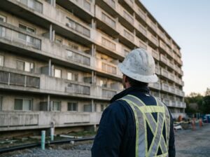 Engenheiro civil de capacete e colete observando a fachada de um edifício durante a inspeção predial