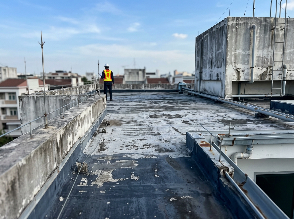 Engenheiro ao longe inspecionando a laje de cobertura e o reservatório de um edifício residencial