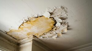 Infiltração no teto com mancha amarelada de bordas escuras, tinta descascando e pequenas fissuras no canto de uma sala