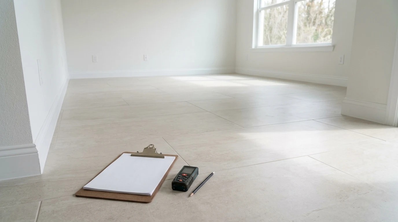 Sala vazia com piso de porcelanato, trena a laser e prancheta para medição da área construída