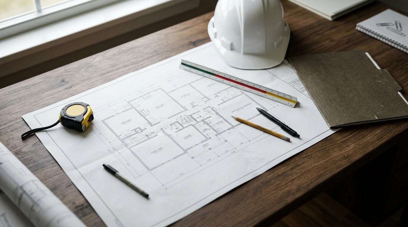 Averbação de construção: planta baixa, capacete, trena e pasta de documentos sobre a mesa do engenheiro