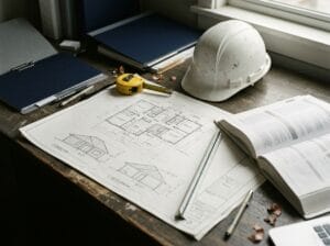 Mesa técnica com projeto arquitetônico, capacete e escalímetro usados na redação do memorial descritivo arquitetura