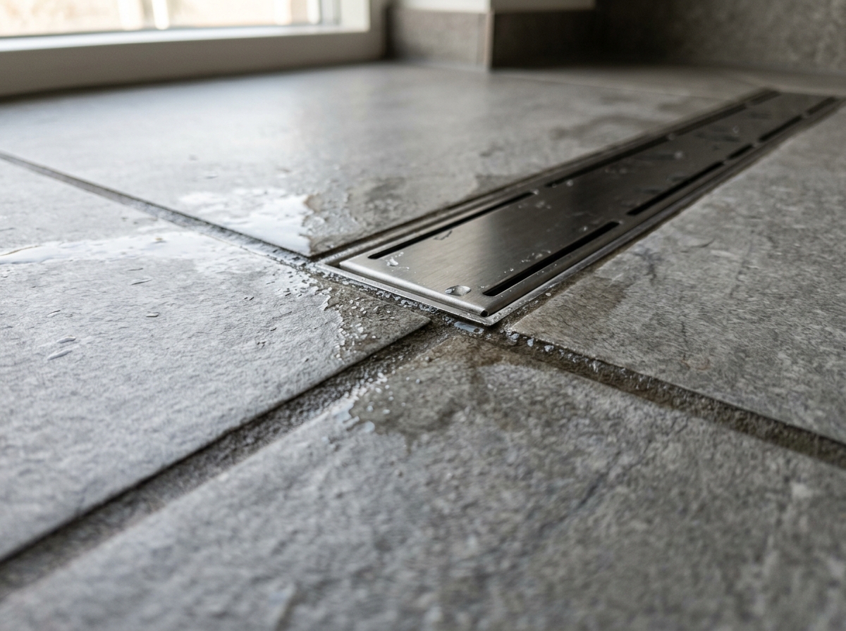 Rejunte escurecido e gotas de água junto ao ralo linear no piso do banheiro