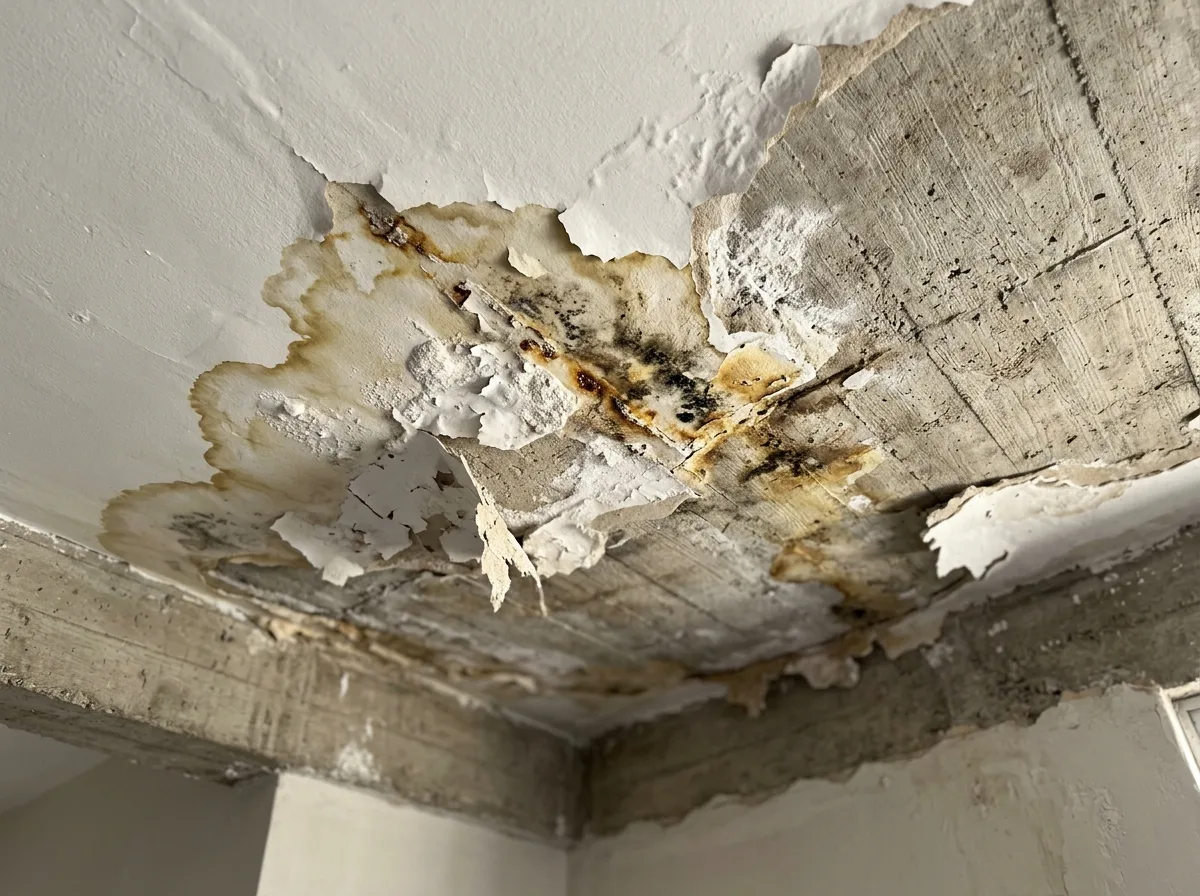 Mancha amarelada de infiltração no banheiro do apartamento de cima aparecendo no teto de laje